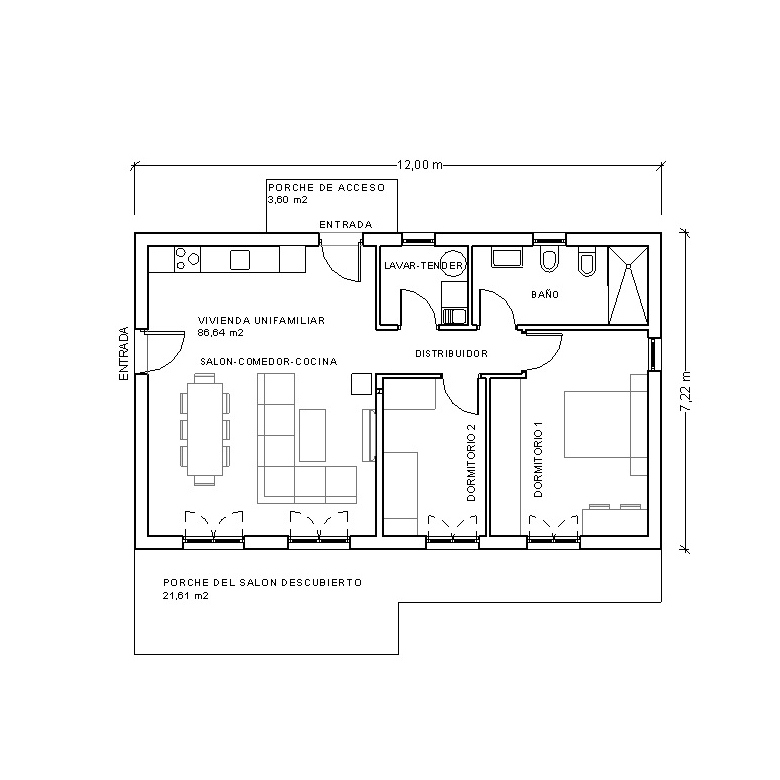 Casa de 2 dormitorios. Planta.